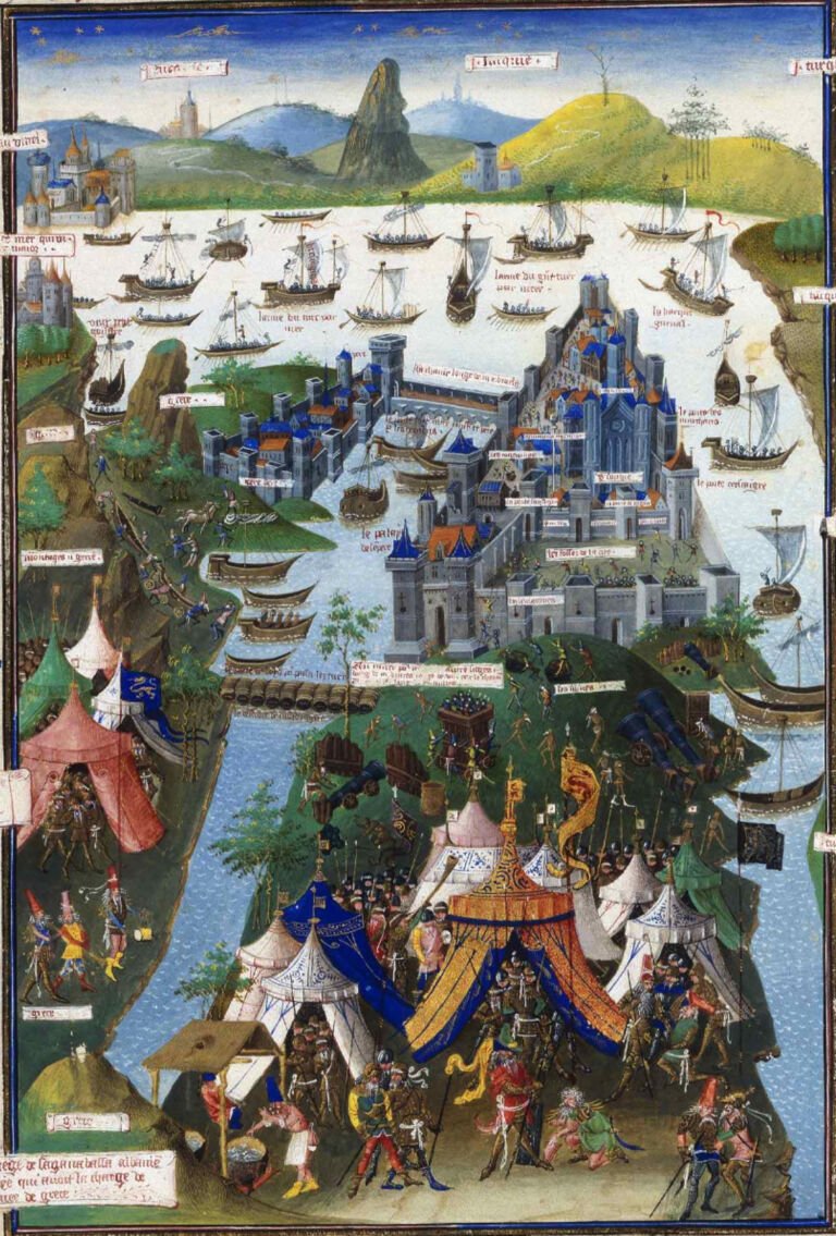 Miniatura medieval francesa que representa el asedio otomano de Constantinopla en 1453