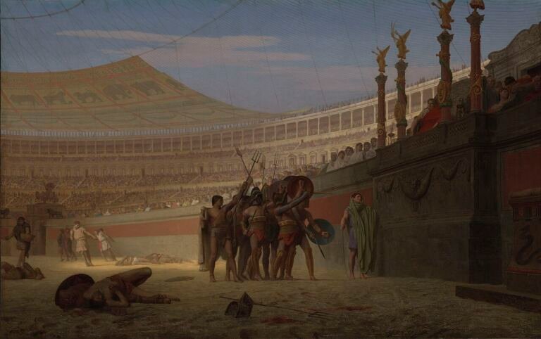 Cuadro de Gérôme con gladiadores saludando al emperador Claudio en un espectáculo romano