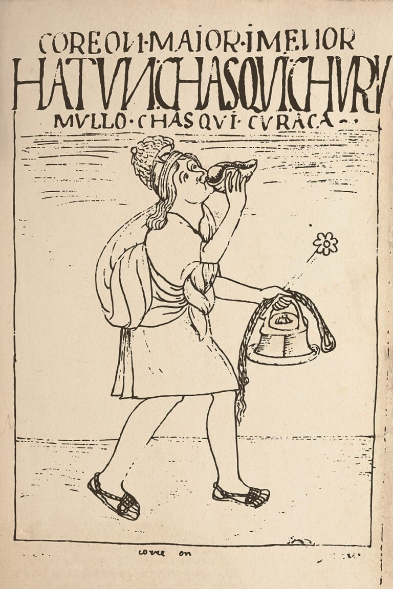 Chasqui inca corriendo con un quipu y una caracola para llevar mensajes por el Camino del Inca