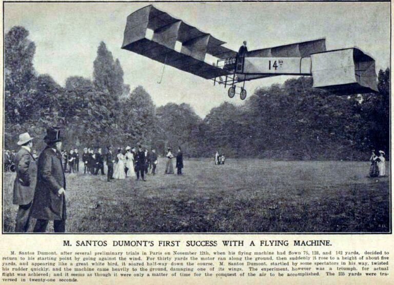 El 14-bis de Alberto Santos Dumont volando en París en 1906