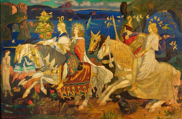 Pintura de John Duncan con los jinetes del Sidhe cabalgando en procesión