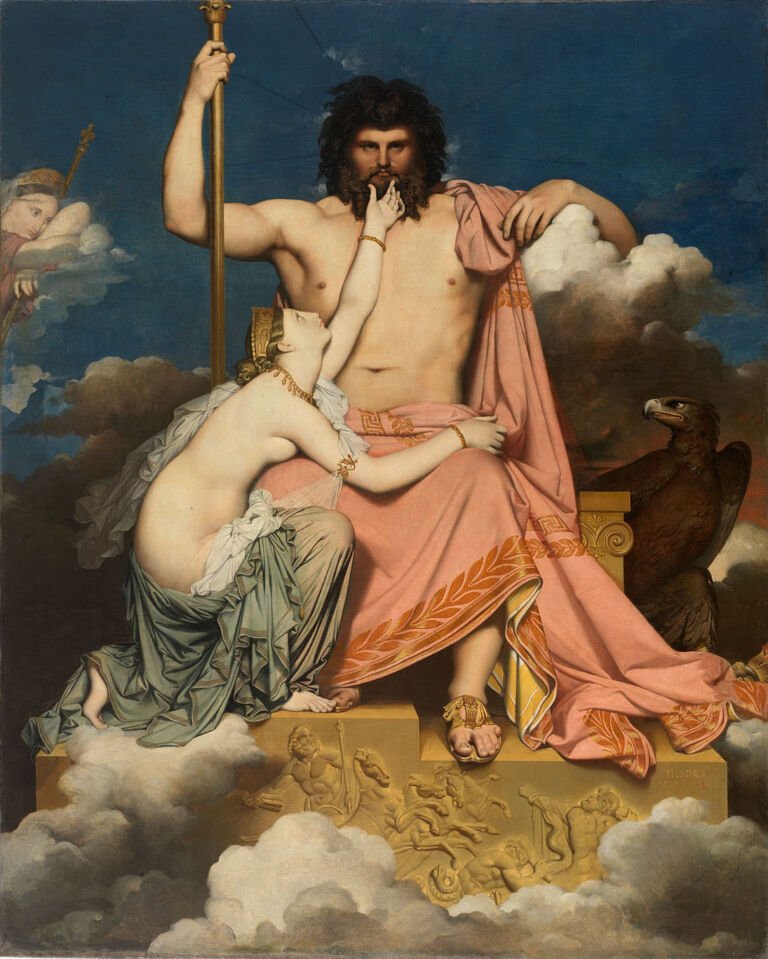 Pintura de Júpiter entronizado con Tetis arrodillada, obra de Ingres de 1811