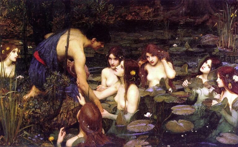 Pintura de ninfas del agua que recuerda a las lamias de la mitología vasca junto al río