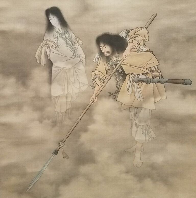 Izanagi e Izanami crean las islas de Japón con la lanza celestial enjoyada