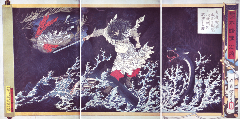 Susanoo combate a la serpiente de ocho cabezas Yamata no Orochi en un grabado japonés