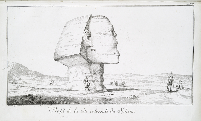Dibujo de Norden de 1737 que muestra la esfinge egipcia ya sin nariz
