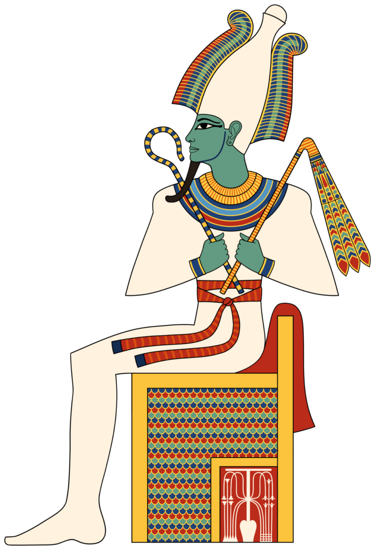 Osiris entronizado con la piel verde presidiendo el juicio del más allá egipcio