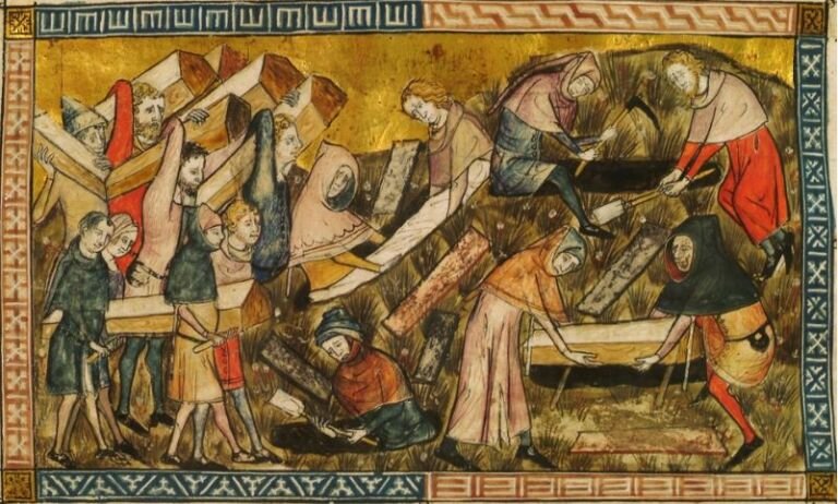 Ciudadanos de Tournai entierran a las víctimas de la peste negra en una miniatura medieval