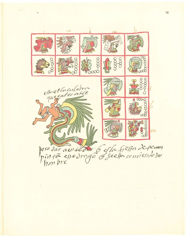 Quetzalcóatl, la serpiente emplumada, representado en un códice del siglo XVI