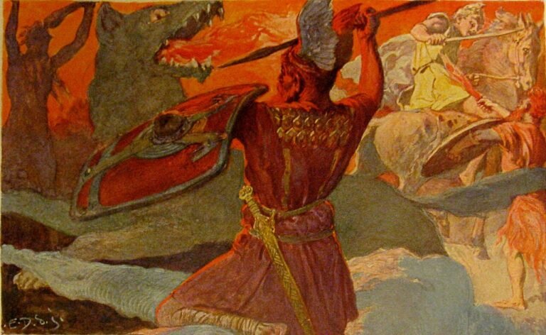 El Ragnarök: Odín devorado por el lobo Fenrir durante la batalla final de los dioses vikingos