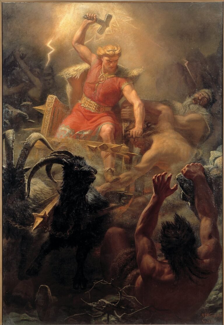 Thor blandiendo su martillo Mjölnir contra los gigantes, escena central de la mitología nórdica pintada por Mårten Eskil Winge