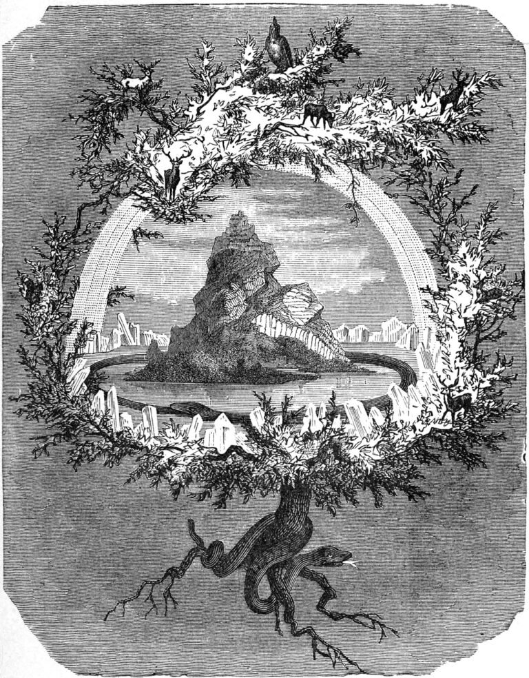 Yggdrasil, el fresno cósmico que sostiene los nueve mundos de la mitología nórdica, en un grabado del siglo XIX