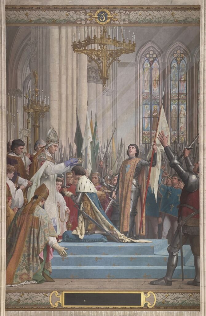 La coronación de Carlos VII en la catedral de Reims en 1429, con Juana de Arco junto al rey sosteniendo su estandarte