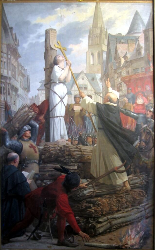 Representación de Juana de Arco atada a la hoguera momentos antes de su ejecución en Ruan, 1431