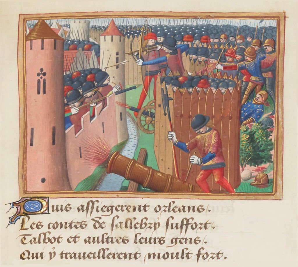 Miniatura medieval del sitio de Orleans de 1429, con arqueros y artillería en las murallas