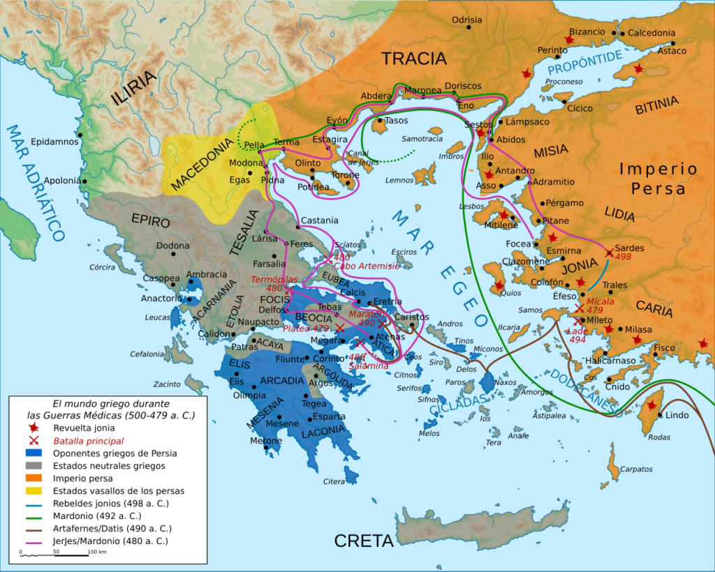 Mapa de las Guerras Médicas (500-479 a. C.) con la ubicación de Maratón, Salamina, Platea y Termópilas