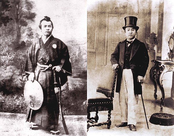 Eiichi Shibusawa, retratado como samurái tradicional y años después como empresario occidentalizado: el mismo cambio que vivieron miles de exsamuráis