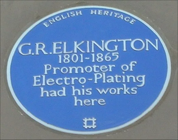 Placa conmemorativa de George Elkington, pionero del electrochapado, en Birmingham